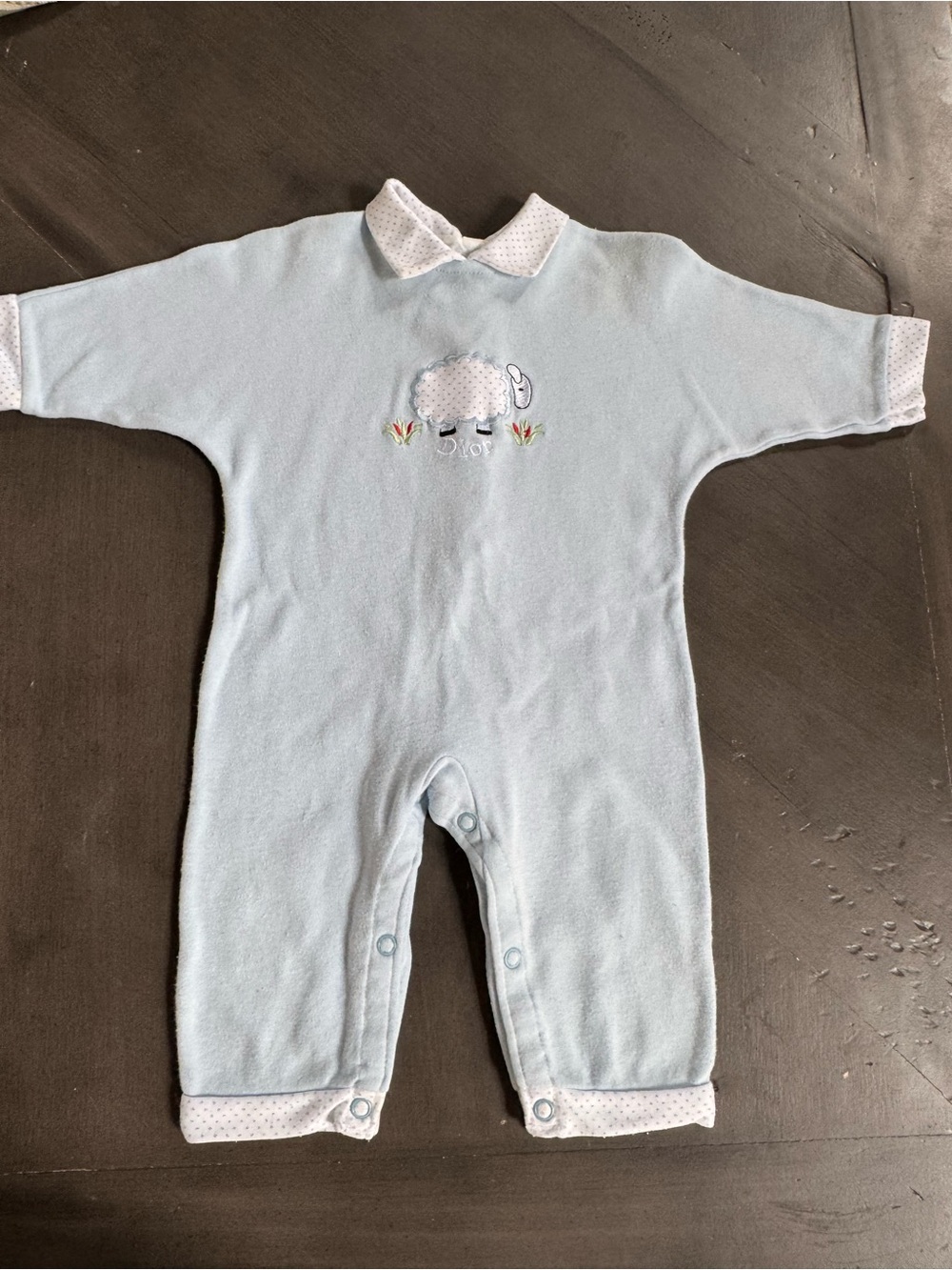 Vintage Baby Dior Blue Velour Lamb Romper 6M Made in USA Designer